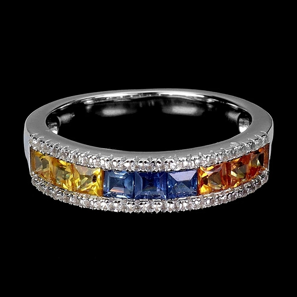 925 Sterling Silver Ring Sz 7.5 Princess Cut Natural Sapphire & White Topaz Gems